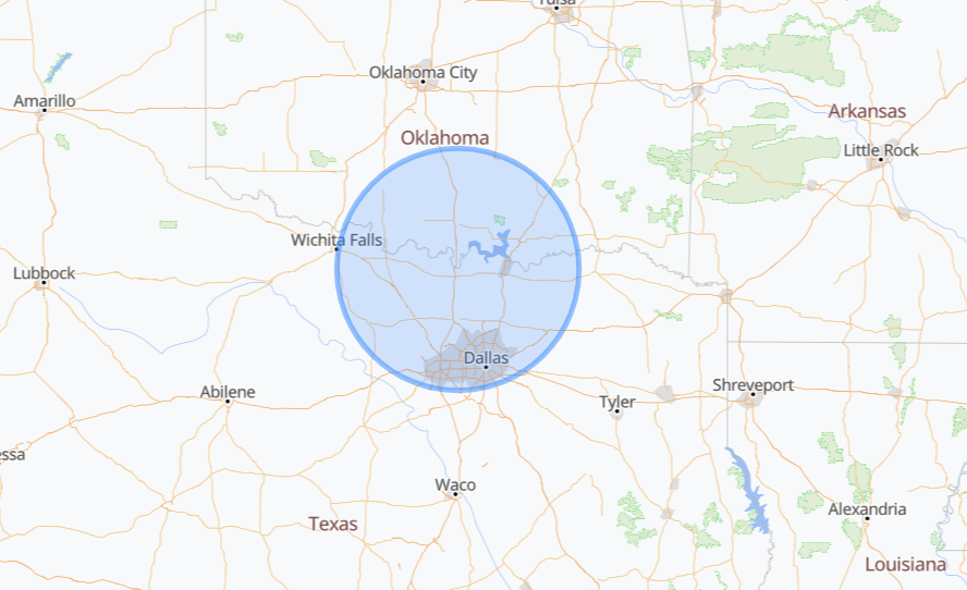 Service area map around Gainesville, TX
